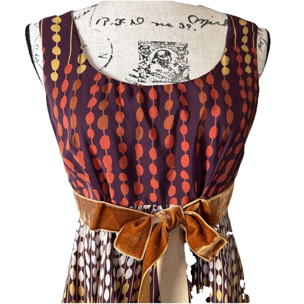 Anna Sui Made In USA Silk Ruffle Sleeveless Cocktail Dress Velvet Bow Multi Sz 4 - Picture 3 of 16